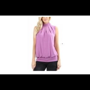 Women's High Neck Pleated Top - Dark Mauve - L